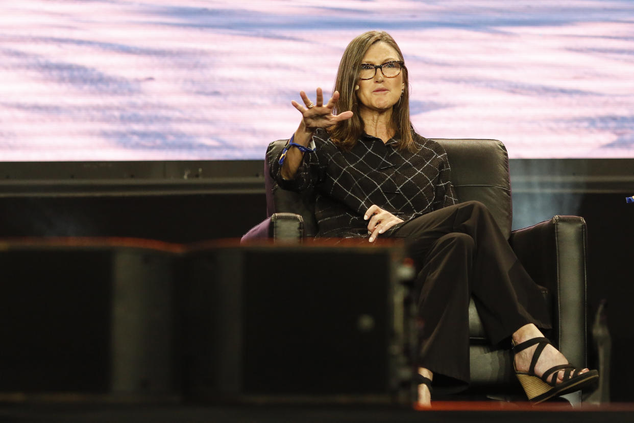 MIAMI, FLORIDA - APRIL 7: Cathie Wood, chief executive officer and chief investment officer, Ark Invest, gestures as she speaks during the Bitcoin 2022 Conference at Miami Beach Convention Center on April 7, 2022 in Miami, Florida. The world's largest bitcoin conference runs from April 6-9, expecting over 30,000 people in attendance and over 7 million live stream viewers worldwide.(Photo by Marco Bello/Getty Images)