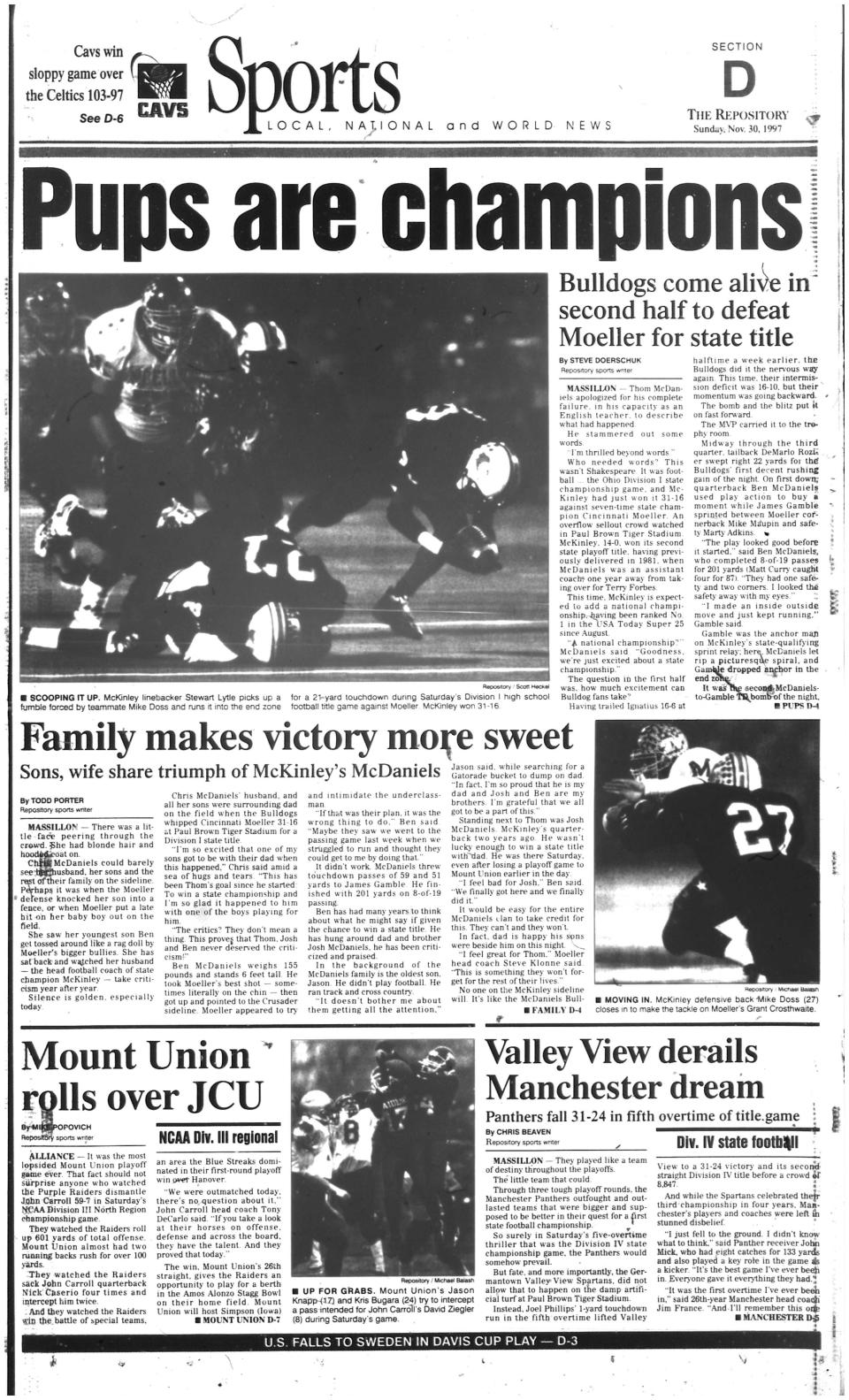The front page of The Repository sports page following McKinley winning the 1997 OHSAA Division I state championship..
