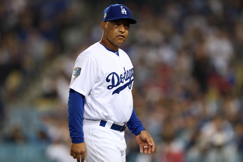 LOS ANGELES, CA - OCTOBER 27:  Manager Dave Roberts #51 of the Los Angeles Dodgers looks on in the ninth inning during Game 4 of the 2018 World Series against the Boston Red Sox at Dodger Stadium on Saturday, October 27, 2018 in Los Angeles, California. (Photo by Rob Leiter/MLB via Getty Images) 