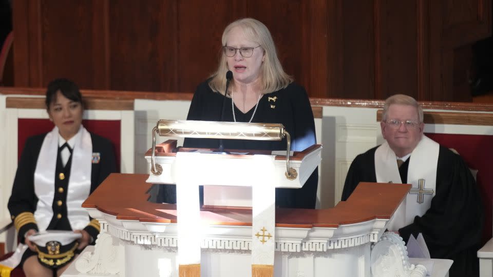 Amy Carter speaks during a tribute service for her mother and former first lady Rosalynn Carter, at Glenn Memorial Church in Atlanta. - Andrew Harnik/AP