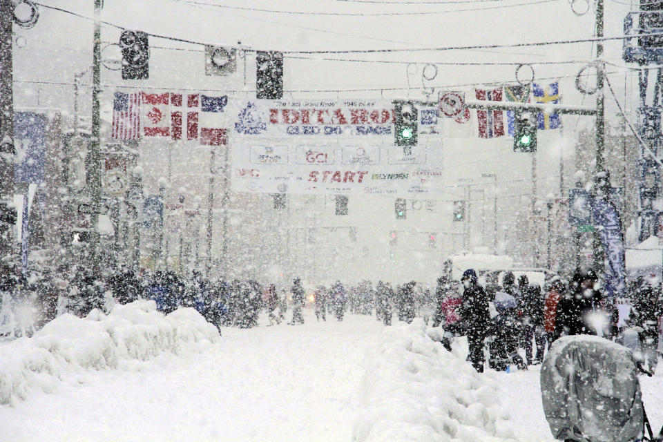 The ceremonial start of the Iditarod Trail Sled Dog Race was held during a heavy snowstorm Saturday, March 5, 2022, in downtown Anchorage, Alaska. The competitive start of the nearly 1,000-mile race will be held March 6, 2022, in Willow, Alaska, with the winner expected in the Bering Sea coastal town of Nome about nine days later. (AP Photo/Mark Thiessen)