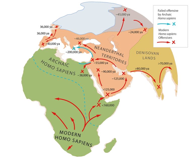 Map of Eurasia and Africa showing territories of different human ancestors and relatives.