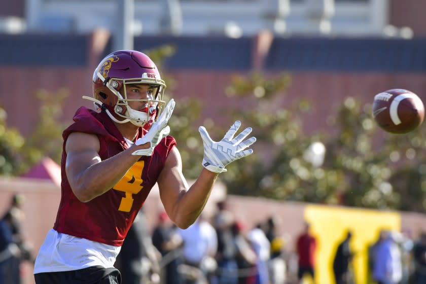 USC wide receiver Bru McCoy takes part in a team practice session in March 2020.