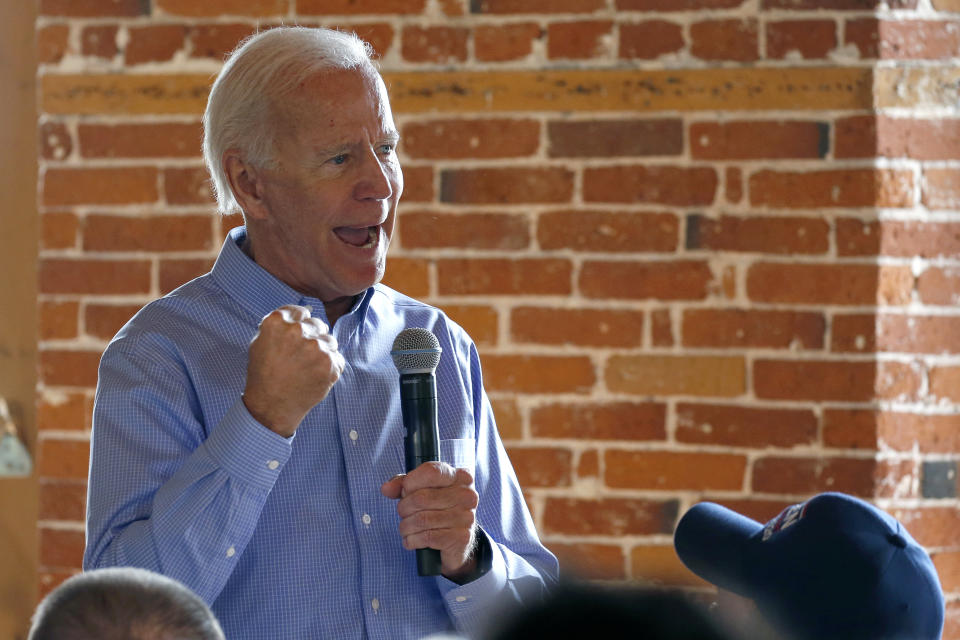 Democratic presidential candidate former Vice President Joe Biden pumps his fist as he speaks during a campaign stop, Friday, Sept. 6, 2019, in Laconia, N.H. (AP Photo/Mary Schwalm)