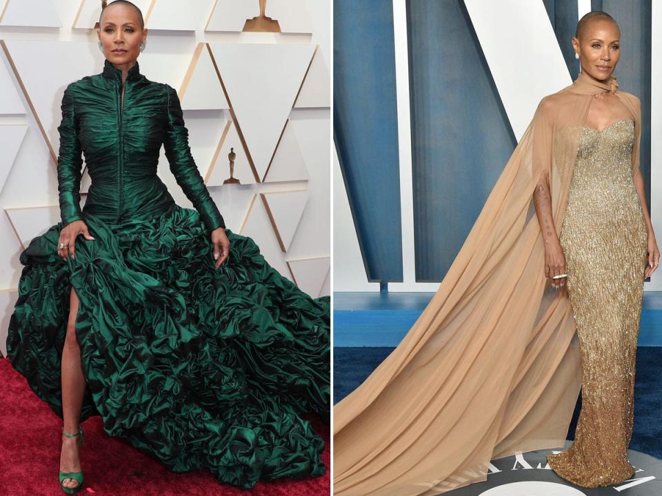 Jada Pinkett Smith at the Oscars (left), and the actress at the after-party (right).