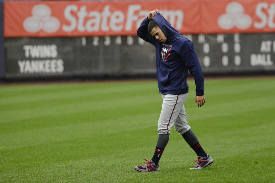 Minnesota Twins starting pitcher Jose Berrios walks the field Thursday, Oct. 3, 2019, at Yankee Stadium in New York. The New York Yankees will host the Twins in the first game of an American League Division Series on Friday. (AP Photo/Frank Franklin II)