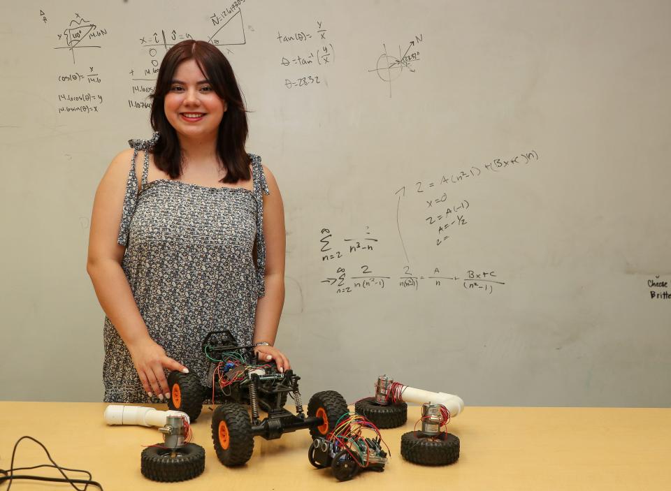 Grecia Paola Siono Guti will be graduating from College of the Desert soon.  She is the founder of the Robotics Club and is photographed on the campus in Palm Desert, Calif., May 19, 2023.