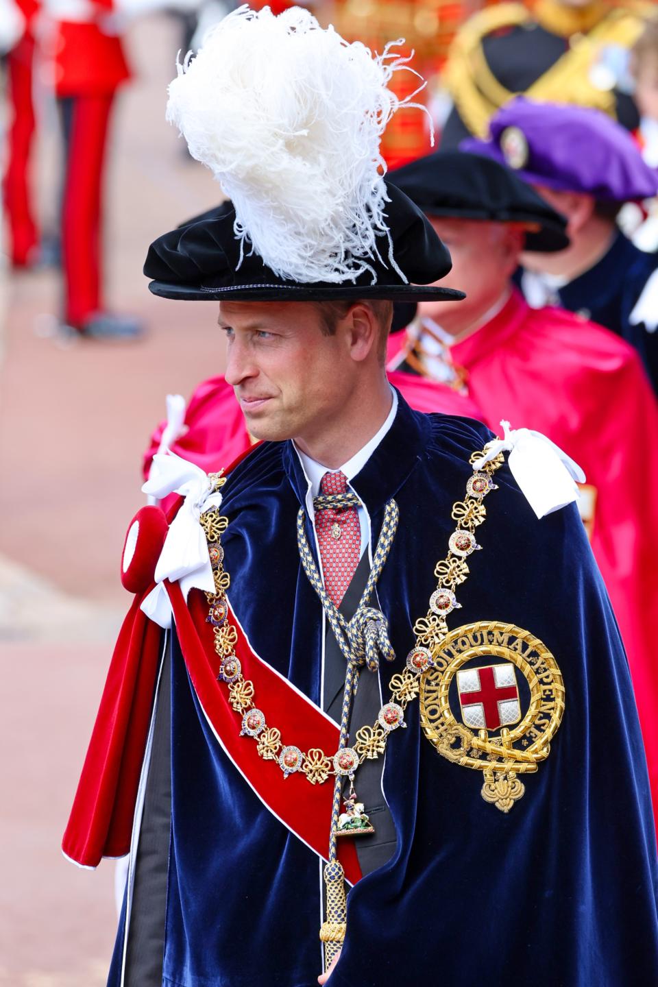 WINDSOR, ENGLAND - JUNE 17: Prince William, Prince of Wales attends the Order Of The Garter Service at Windsor Castle on June 17, 2024 in Windsor, England. The Order of the Garter, Britain's oldest chivalric order established by Edward III, includes The King, Queen, Royal Family members, and up to 24 companions honoured for their public service. Companions of the Garter are chosen personally by the Sovereign to honour those who have held public office, who have contributed in a particular way to national life or who have served the Sovereign personally. (Photo by Chris Jackson - WPA Pool/Getty Images)
