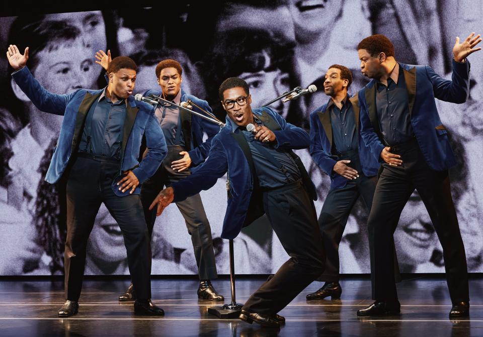 From left, Harrell Holmes Jr., Jalen Harris, Elijah Ahmad Lewis, E. Clayton Cornelious and Michael Andreaus star as The Temptations in the national tour of “Ain’t Too Proud: The Life and Times of The Temptations.”