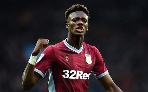 Tammy Abraham of Aston Villa encourages the supporters during the Sky Bet Championship match between Aston Villa and Leeds United  - Credit: GETTY IMAGES