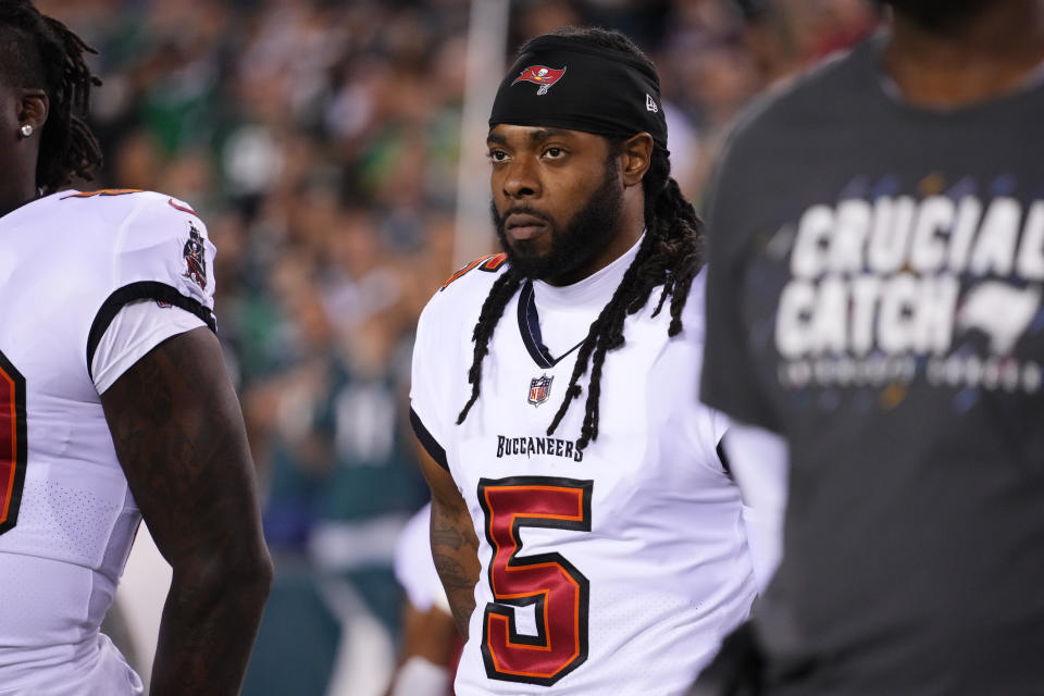 PHILADELPHIA, PENNSYLVANIA - OCTOBER 14: Richard Sherman #5 of the Tampa Bay Buccaneers stands during the national anthem prior a NFL game against the Philadelphia Eagles at Lincoln Financial Field on October 14, 2021 in Philadelphia, Pennsylvania. (Photo by Cooper Neill/Getty Images)