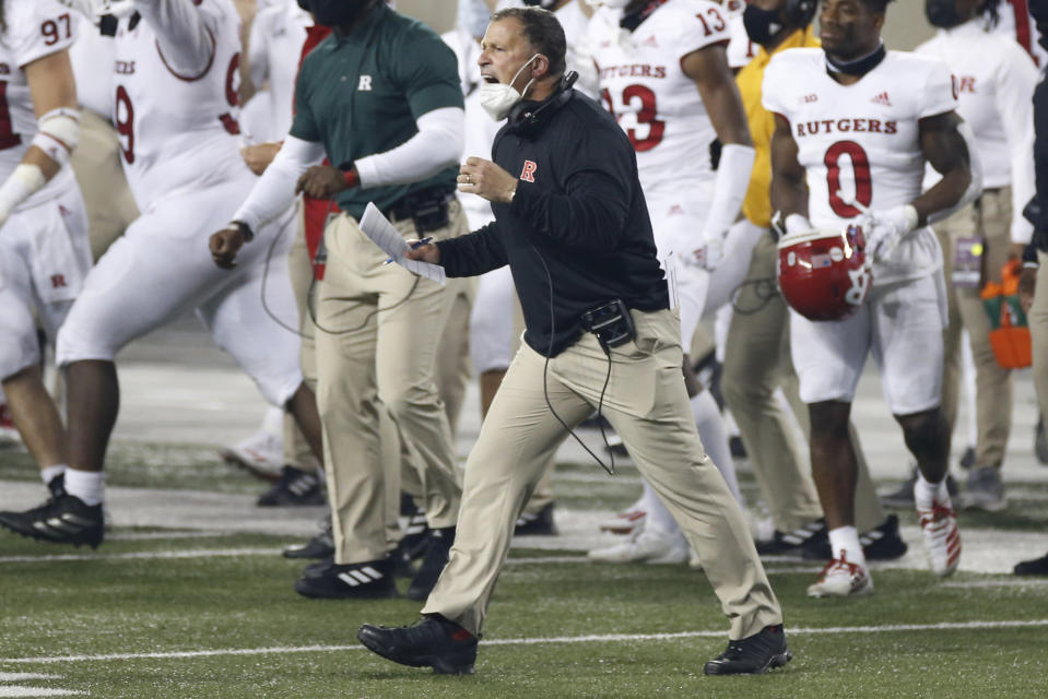 Rutgers coach Greg Schiano shouts to his team during the second half of an NCAA college football game againt Ohio State on Saturday, Nov. 7, 2020, in Columbus, Ohio. Ohio State won 49-27. (AP Photo/Jay LaPrete)