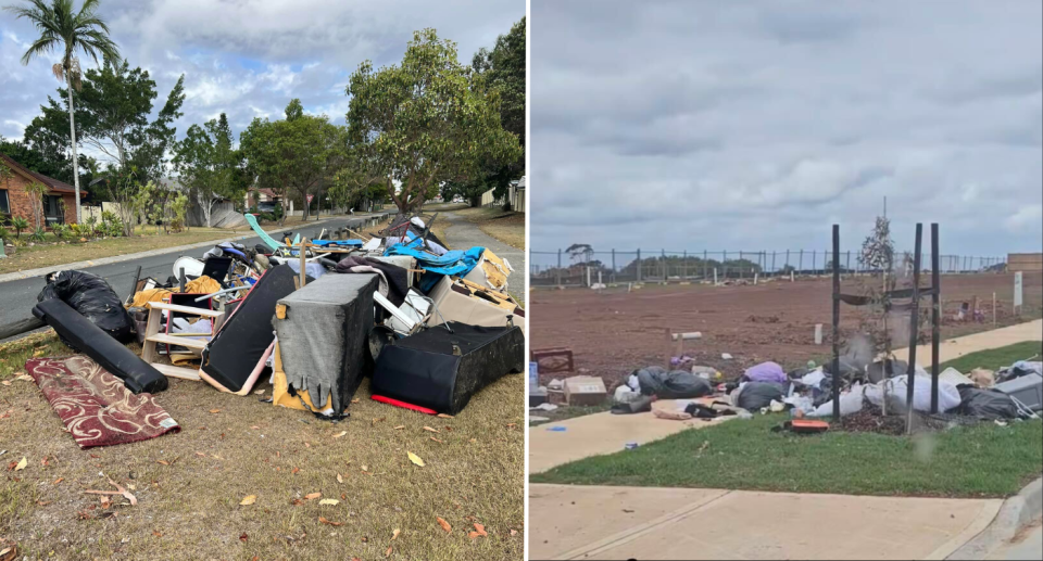 Po lewej: Śmieci pozostawione przez zbiórkę komunalną w Queensland, po prawej: Porozrzucane śmieci pozostawione na placu budowy w Melbourne. 