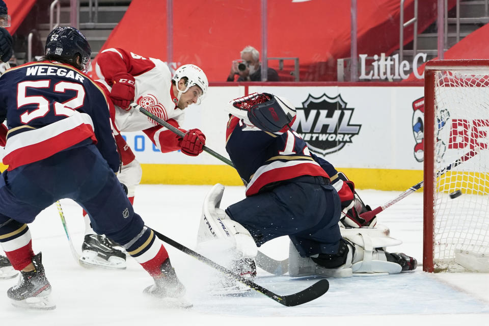 Detroit Red Wings left wing Mathias Brome (86) scores on Florida Panthers goaltender Sergei Bobrovsky (72) in the second period of an NHL hockey game Saturday, Feb. 20, 2021, in Detroit. (AP Photo/Paul Sancya)