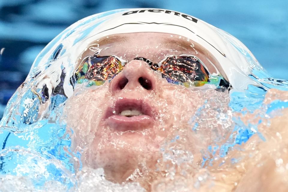 Rex Maurer swims during a Men's 200 backstroke preliminary heat Wednesday, June 19, 2024, at the US Swimming Olympic Trials in Indianapolis. (AP Photo/Michael Conroy)