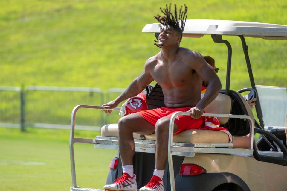 Kansas City Chief running back Isiah Pacheco is driven away on a golf park after practice at Chiefs Training Camp at WMSU in St. Joseph on Saturday, July 23, 2022.