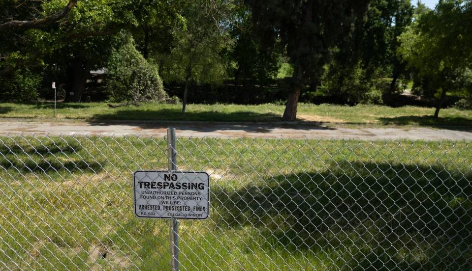 Former Beard Brook Park is now Gallo Winery property in Modesto, Calif., Friday, April 12, 2024. The city of Modesto had turned the park over to the winery just before 27-year-old Christine Chavez was run over by heavy machinery mowing grass.