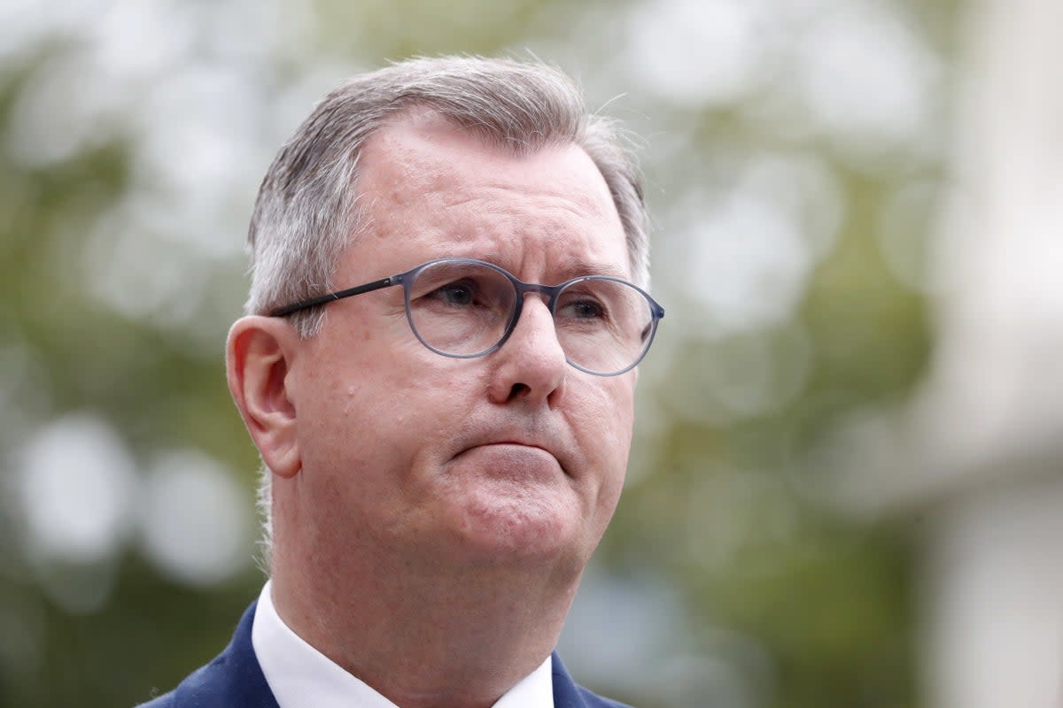 DUP leader Jeffrey Donaldson speaks to the media as he arrives to meet with the new Secretary of State for Northern Ireland Chris Heaton-Harris in Belfast (Peter Morrison/PA) (PA Wire)