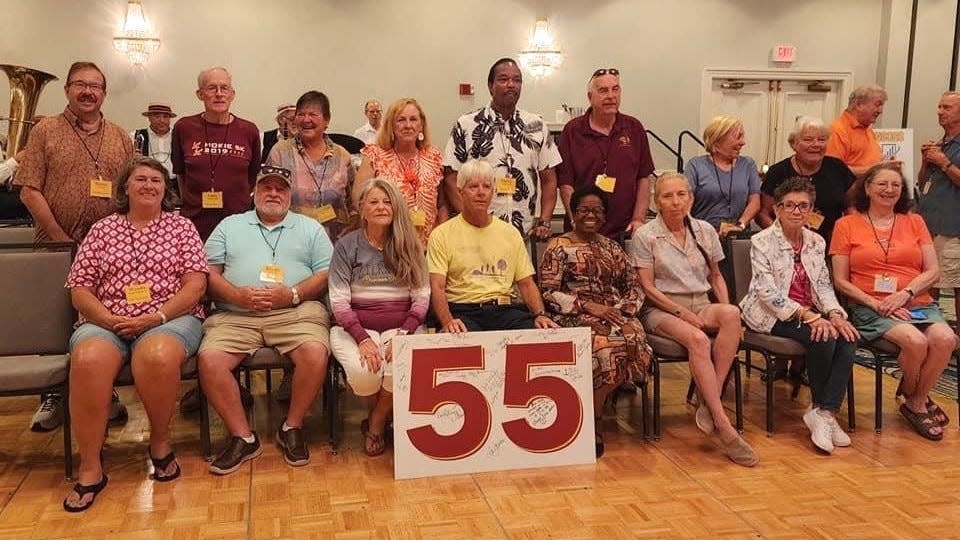 Petersburg High School Class of 1968 pose for a group photo in September 2023. Front row from left to right, Wanda Mayes Whitney, Danny Davis, Janet Fisher Callis, Jimbo VanLandingham, Theresa Stith Beasley, Mary Paige Abeel Carpenter, Nancy Halloway Williams and Kay Scarborough. Back row from left to right, Brian Caro, Dr. Andy Deekens, JoAnne Ruffa, Caroline Griffith Wiggins, Philip Simmons, Tommie Harrell, Ann Jacobs Bocock and Sue Massey Eley.