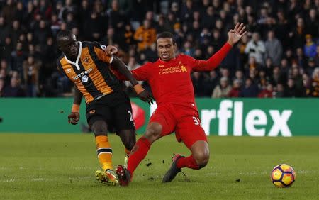 Britain Football Soccer - Hull City v Liverpool - Premier League - The Kingston Communications Stadium - 4/2/17 Hull City's Oumar Niasse scores their second goal Reuters / Phil Noble Livepic