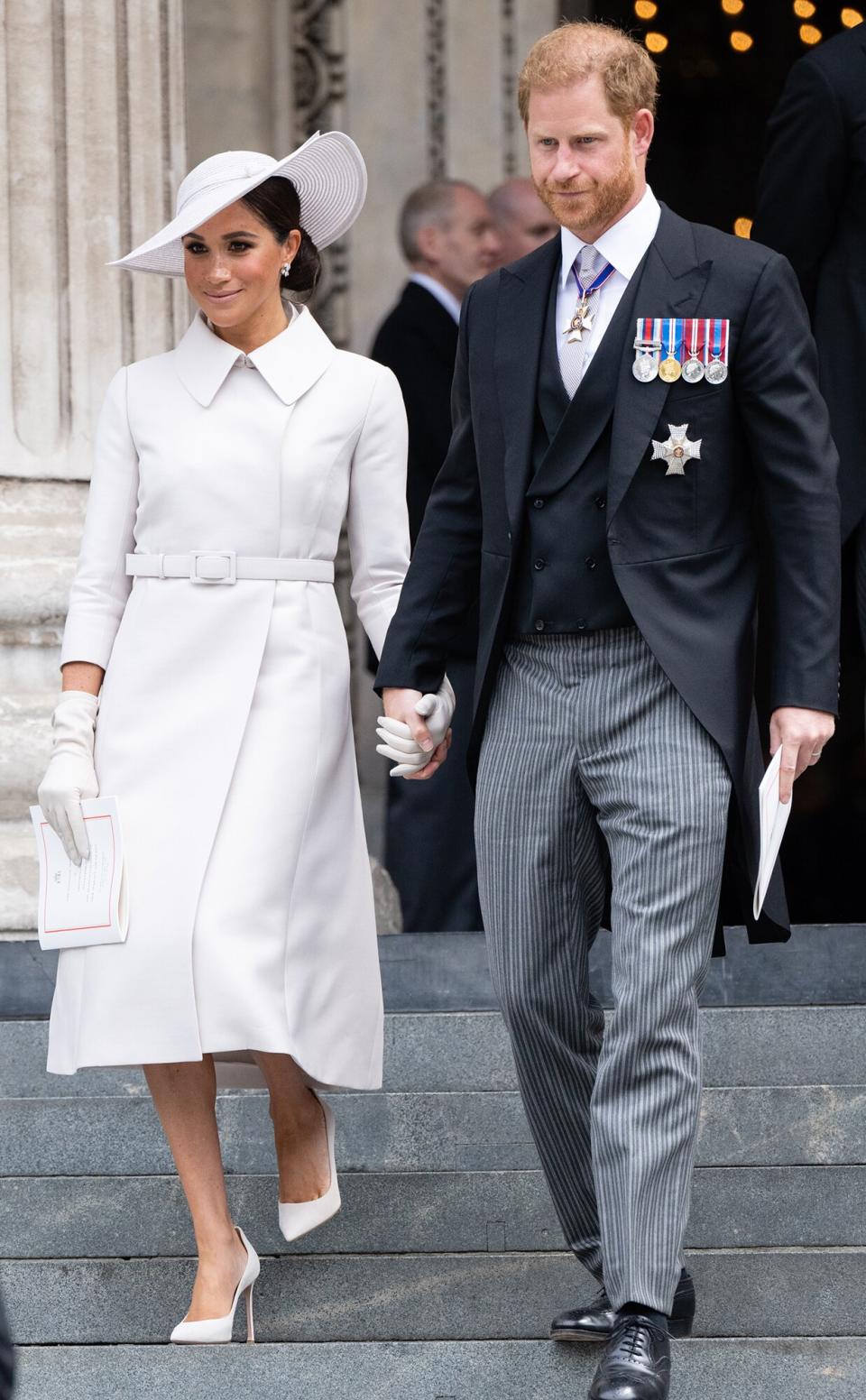 Meghan, Duchess of Sussex and Prince Harry, Duke of Sussex attend the National Service of Thanksgiving at St Paul's Cathedral on June 03, 2022 in London, England. The Platinum Jubilee of Elizabeth II is being celebrated from June 2 to June 5, 2022, in the UK and Commonwealth to mark the 70th anniversary of the accession of Queen Elizabeth II on 6 February 1952. on June 03, 2022 in London, England. The Platinum Jubilee of Elizabeth II is being celebrated from June 2 to June 5, 2022, in the UK and Commonwealth to mark the 70th anniversary of the accession of Queen Elizabeth II on 6 February 1952