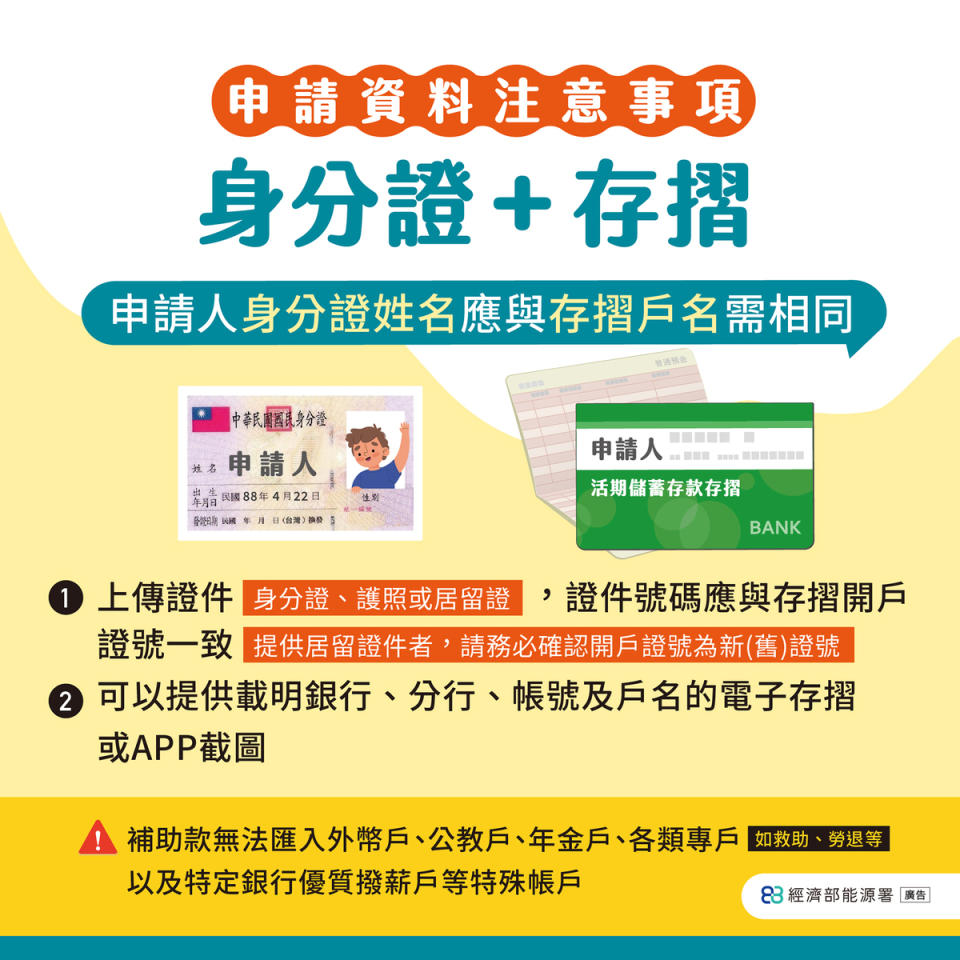 申請補助時，身分證姓名與存摺戶名需相同。   圖：取自經濟部能源署官網