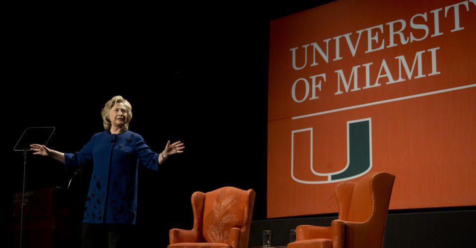 Hillary Rodham Clinton speaks to a group of supporters and University of Miami students at the university, Wednesday, Feb. 26, 2014, in Coral Gables, Fla. (AP Photo/J Pat Carter)