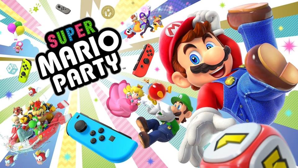 Mario and other characters from Super Mario Bros. fall surrounded by controllers in a promo image for Super Mario Party. Super Mario Party would make for a good movie spinoff.