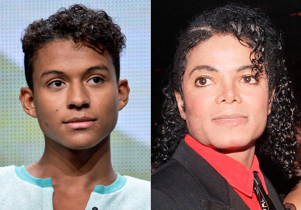 In this 2014 file photo, Jaafar Jackson, left, then 18,  appears during the &quot;Living with The Jacksons&quot; panel at the Reelz Channel 2014 Summer TCA in Beverly Hills. On the right, Michael Jackson during an American Cinema Award gala in Beverly Hills, Calif., in 1987. Jaafar Jackson, now 26, is Michael Jackson's nephew, and will play the King of Pop in a new biopic.