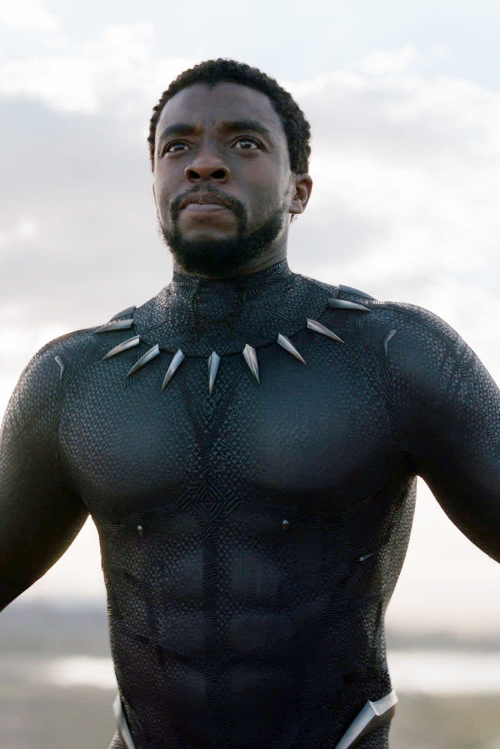 Chadwick Boseman as Black Panther stands heroically in a Wakanda landscape