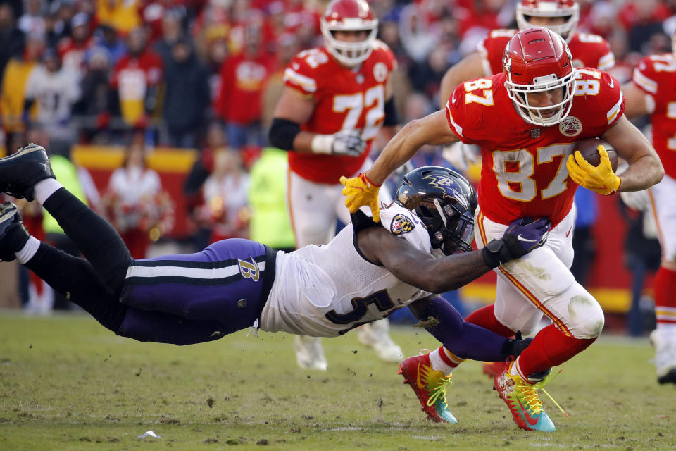 <p>Baltimore Ravens linebacker C.J. Mosley (57) tackles Kansas City Chiefs tight end Travis Kelce (87) during the second half of an NFL football game in Kansas City, Mo., Sunday, Dec. 9, 2018. (AP Photo/Charlie Riedel) </p>