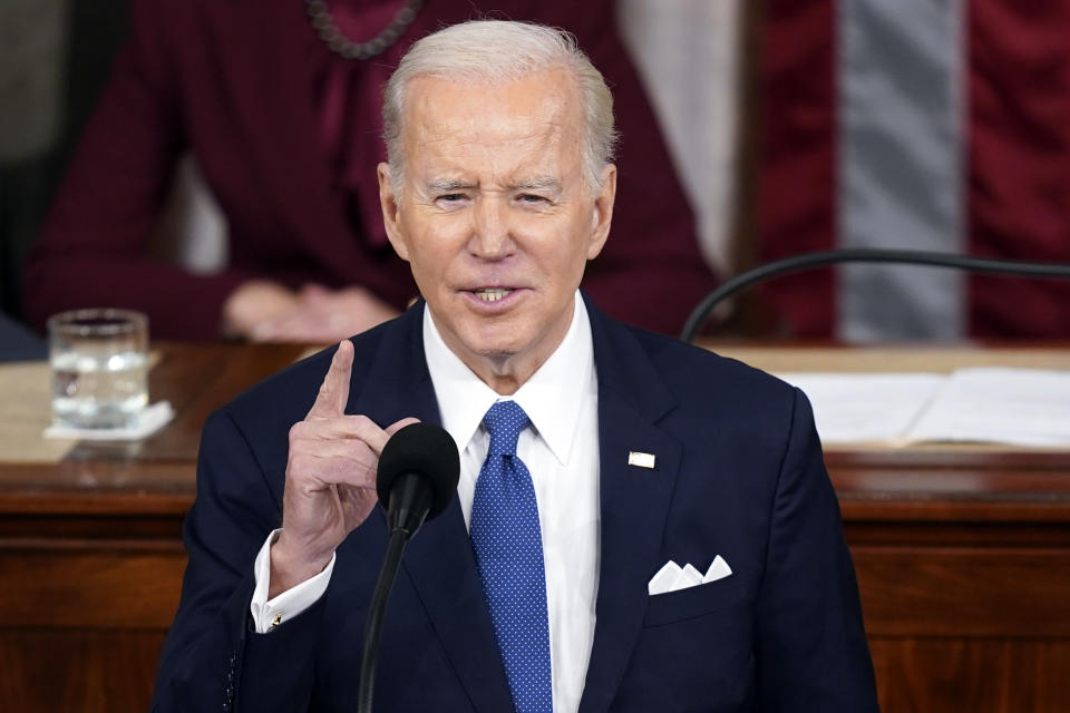 President Joe Biden delivers the State of the Union address to a joint session of Congress at the U.S. Capitol, Tuesday, Feb. 7, 2023, in Washington. (AP Photo/Patrick Semansky)