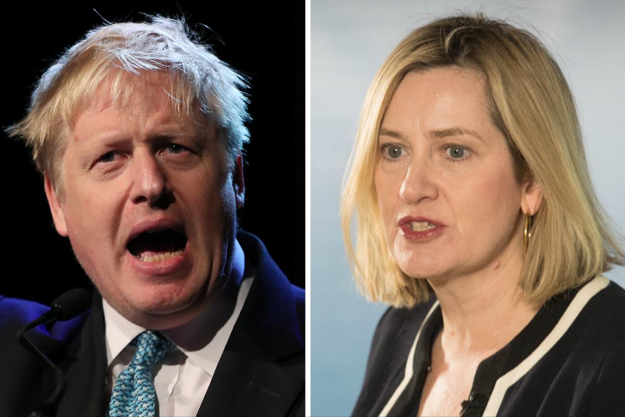  Amber Rudd, right, said Boris Johnson, left, has a ‘sort of language which he’s quite rightly nervous using in front of women' (PA)