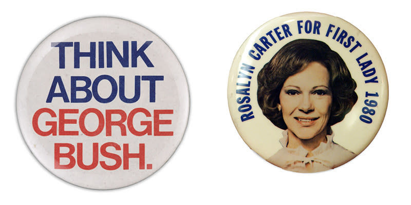 Two buttons read "Think about George Bush" in blue and red capital letters, and "Rosalyn Carter for First Lady 1980" with an image of a woman's face