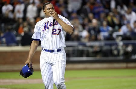 Oct 5, 2016; New York City, NY, USA; New York Mets relief pitcher Jeurys Familia (27) reacts during the ninth inning against the San Francisco Giants in the National League wild card playoff baseball game at Citi Field. Mandatory Credit: Anthony Gruppuso-USA TODAY Sports