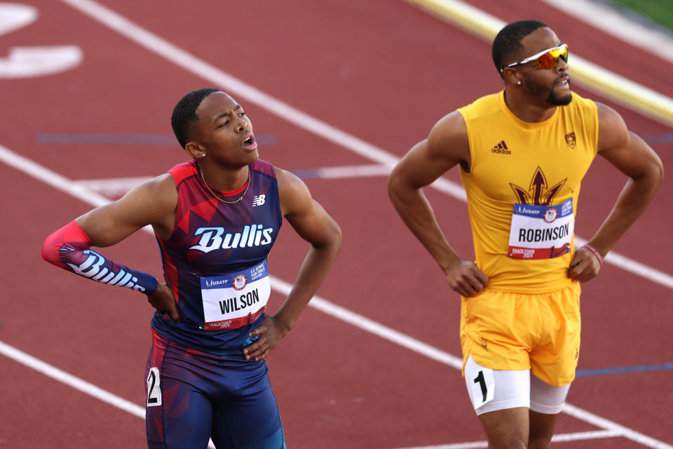 EUGENE, OREGON - JUNE 24: Quincy WIlson and Justin Robinson compete in the men's 400 meter final on Day Four of the 2024 U.S. Olympic Team Track & Field Trials at Hayward Field on June 24, 2024 in Eugene, Oregon. (Photo by Christian Petersen/Getty Images)