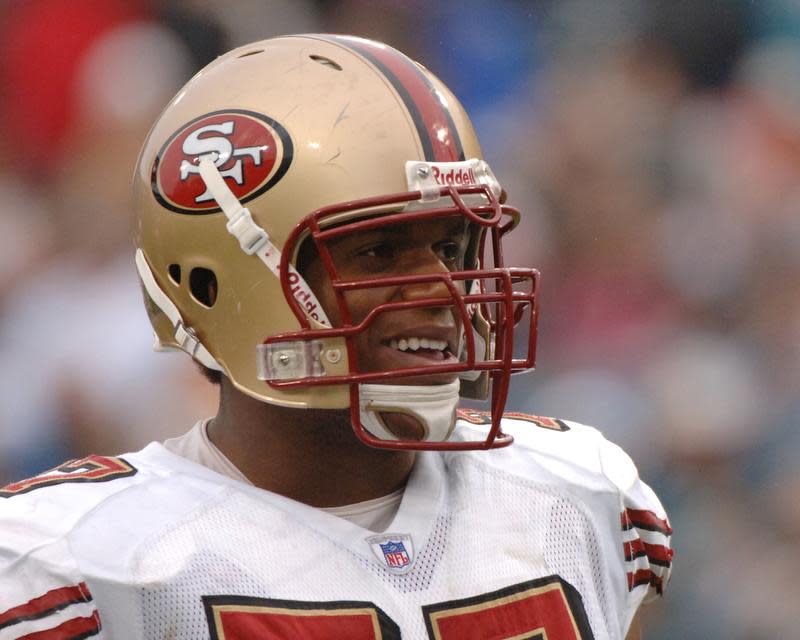 
San Francisco tackle Kwame Harris prepares for a game against Jacksonville in 2005.
