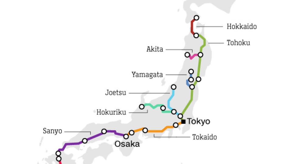 A map of Japan's high-speed rail lines. - jrailpass.com