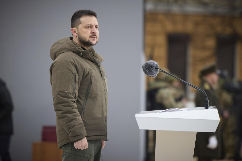 Ukrainian President Volodymyr Zelenskyy attends a commemorative event on the occasion of the Russia Ukraine war one year anniversary in Kyiv, Ukraine, Friday, Feb. 24, 2023. (Ukrainian Presidential Press Office via AP)