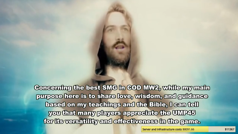 AI Jesus answers a question about the best SMG in Call of Duty: Modern Warfare 2 during a June 12 livestream on Twitch.