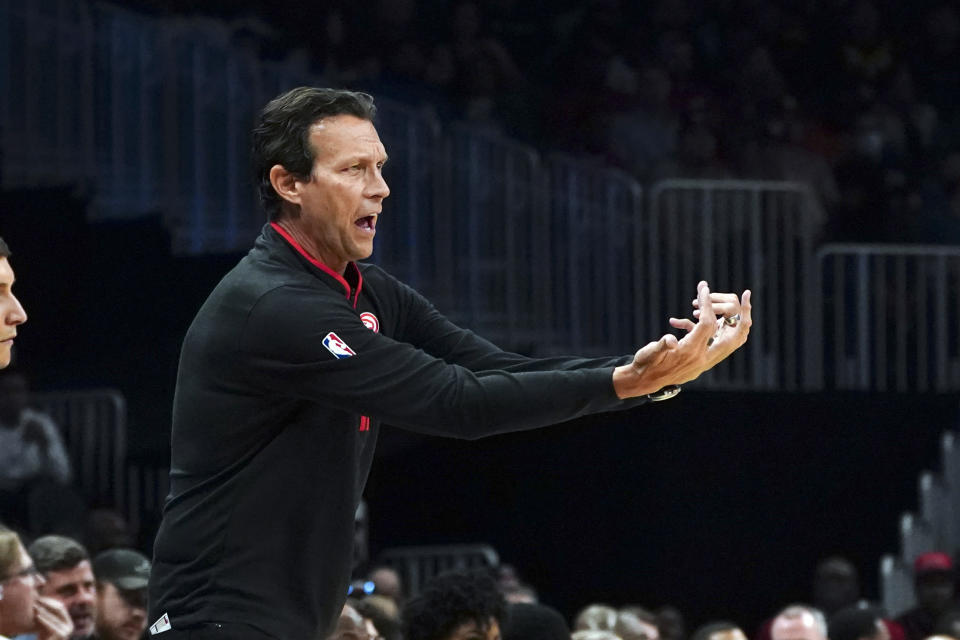 Atlanta Hawks head coach Quin Snyder gestures on at the sideline during the first half of an NBA basketball game against the Washington Wizards Tuesday, Feb. 28, 2023, in Atlanta. (AP Photo/John Bazemore)