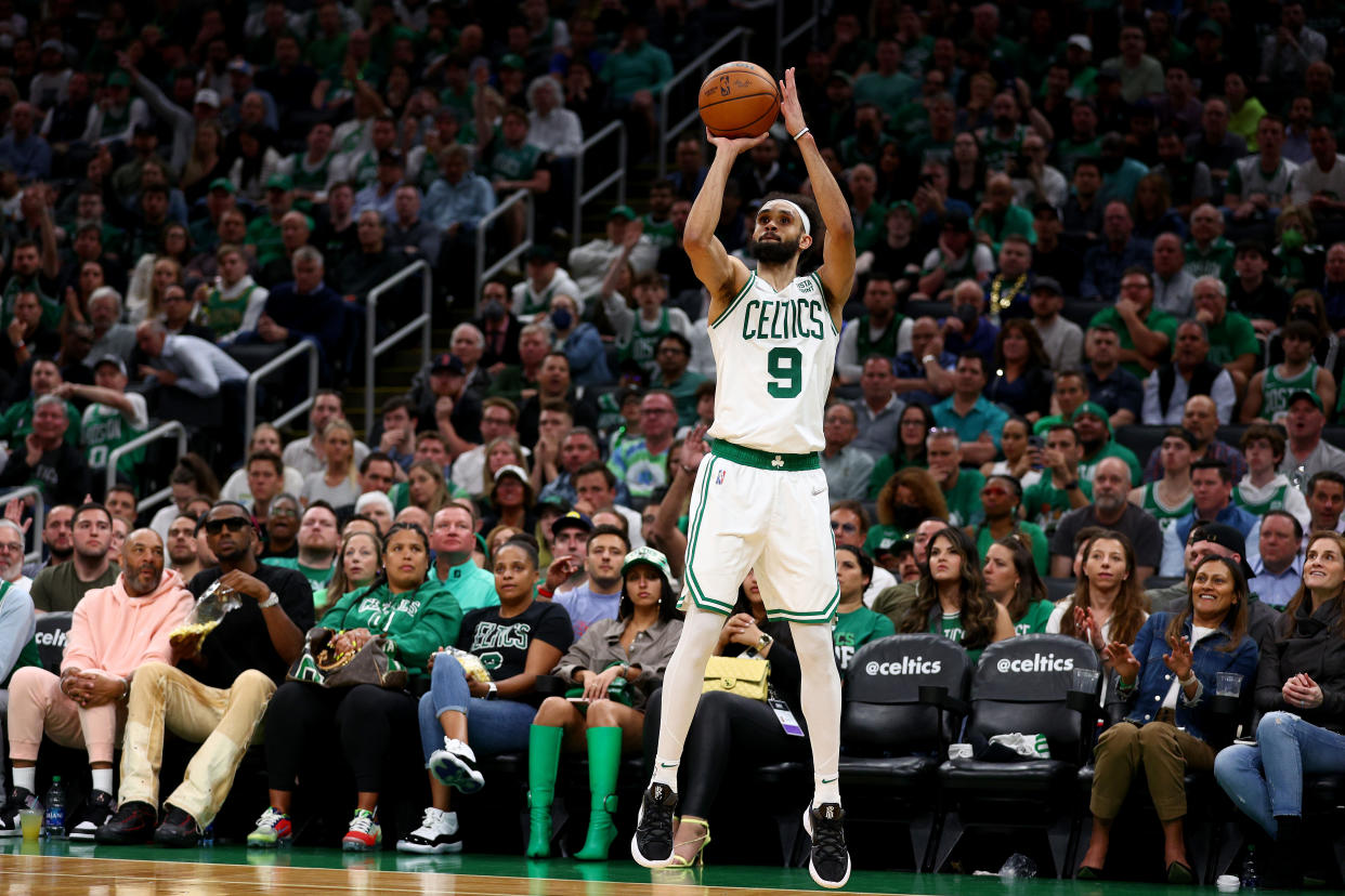 Boston Celtics guard Derrick White has been a big role player since being acquired at the trade deadline earlier this season. (Photo by Elsa/Getty Images)