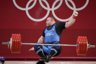 <p>Jiri Orsag of Czech Republic falls as he competes in the men's +109kg weightlifting event, at the 2020 Summer Olympics, Wednesday, Aug. 4, 2021, in Tokyo, Japan. (AP Photo/Luca Bruno)</p> 