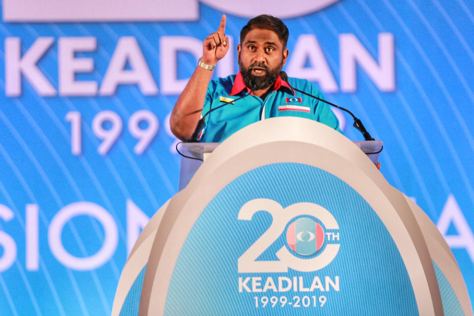 Perak deputy PKR chief Datuk MA Tinagaran speaks during the congress in Melaka December 7, 2019. — Picture by Ahmad zamzahuri