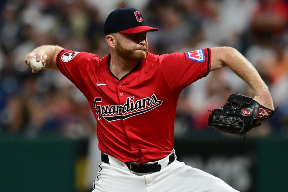 Cleveland Guardians relief pitcher Andrew Walters (63) throws a pitch against the Houston Astros on Sept. 28 in Cleveland.