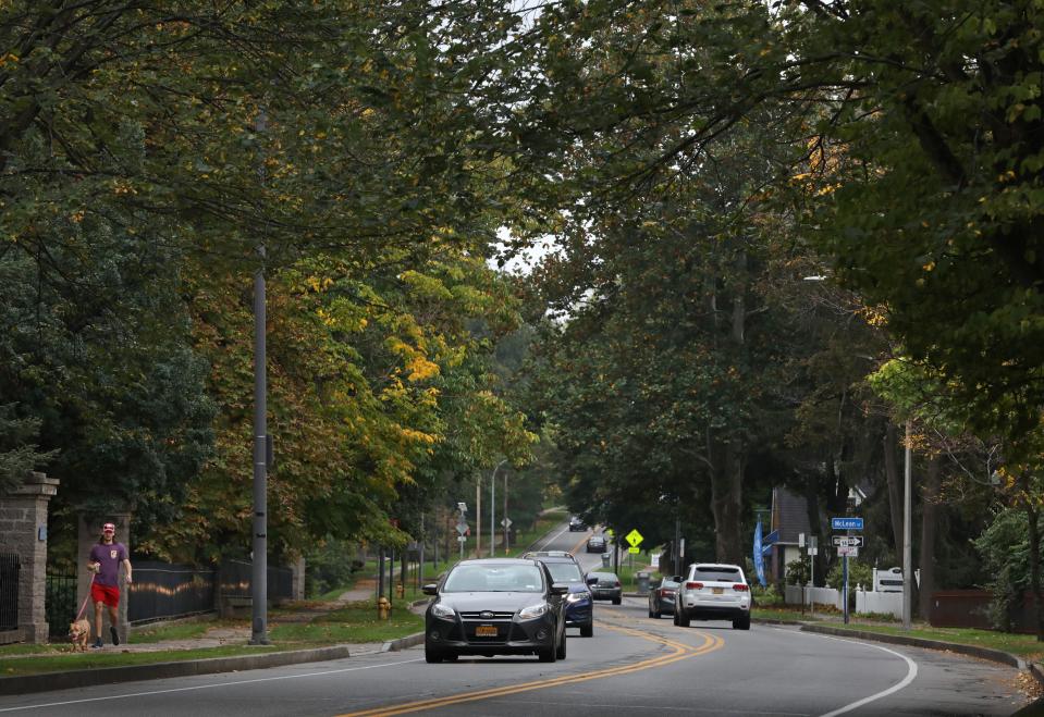 All kinds of traffic, both pedestrian and vehicular, move along under the lush tree canopy along Mt. Hope Avenue in Rochester Friday, Oct. 15, 2021. 