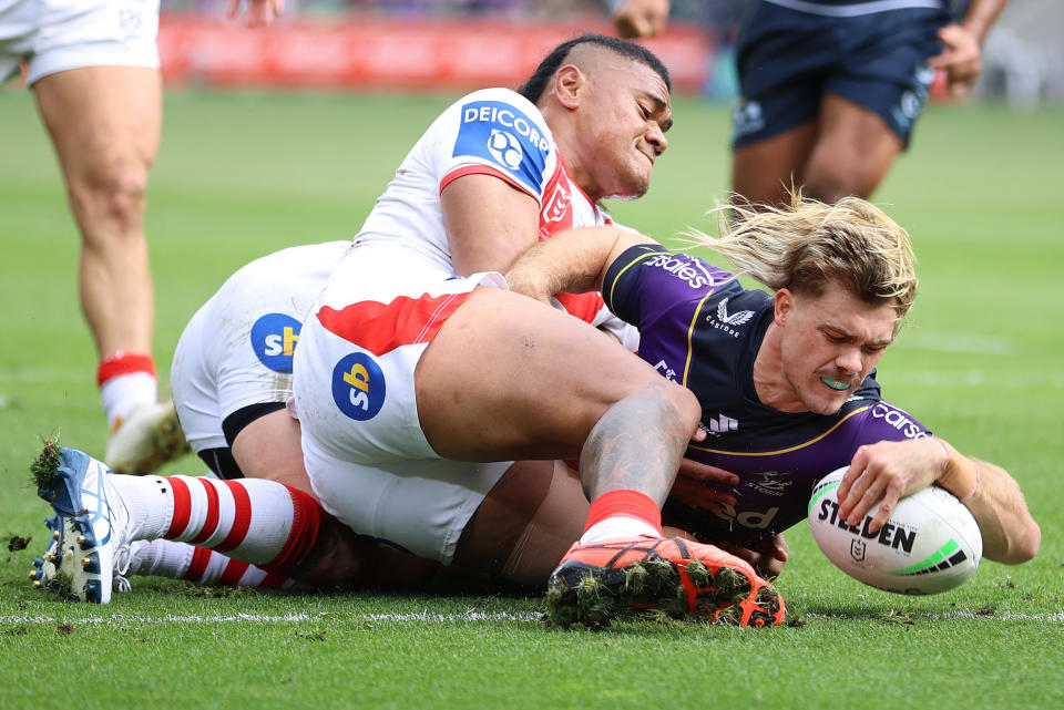 Seen here, Melbourne's Ryan Papenhuyzen scoring a try against the Dragons at AAMI Park. 