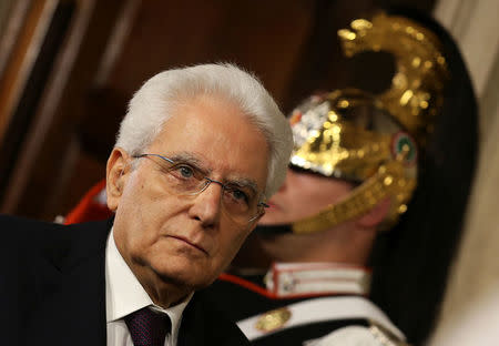 Italian President Sergio Mattarella arrives to meet media after a meeting with Italy's Prime Minister-designate Giuseppe Conte at the Quirinal Palace in Rome, Italy, May 27, 2018. REUTERS/Alessandro Bianchi