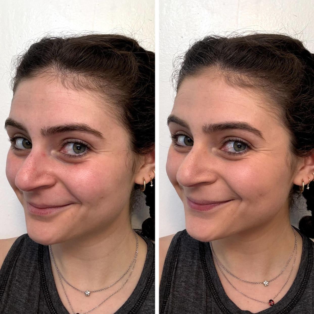 A woman before (left) and after (right) applying the Younique Bare You BB Tinted Moisturizer and Sunscreen SPF 30 in shade light. (Courtesy Zoe Malin, NBC Select associate updates editor)