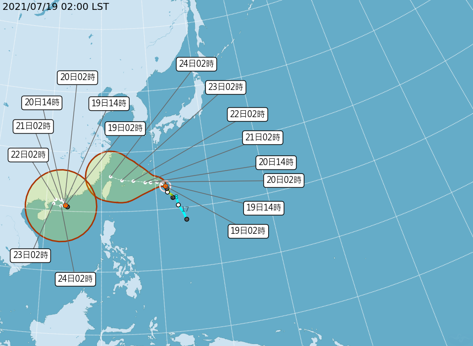 廣西海面的熱帶性低氣壓可能在明日增強為颱風「查帕卡」。（圖／中央氣象局）
